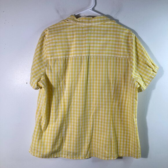 Womens Basic Editions V Neck Gingham Button Shirt Short Sleeve XL Yellow White - Picture 2 of 7